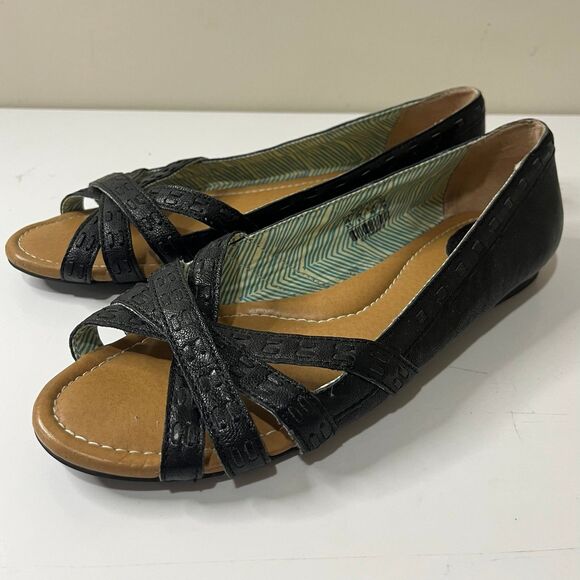 Fossil Black Leather Strappy Peep Toe Flats Y2K size 8.5 - Picture 1 of 6